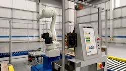 Robot work cell simulation controlled by Ready Robotics&apos; ForgeOS.