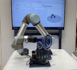 A Universal Robots&apos; UR5e cobot outfitted with a camera and connected to Nvidia&rsquo;s Jetson Edge AI module demonstrates quality inspections on a gearbox assembly