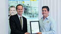 Congratulations: In Sydney, Australia Electrical engineer Rod Burton (right) from Machinery Automation &amp; Robotics, receives the 1000th accreditation of CMSE - Certified Machinery Safety Expert after successfully passing the end-of-course exam. Scott Moffat (left), Managing Director of Pilz Australia and New Zealand, presents the certificate.