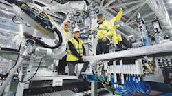 Panel parts are clamped in pneumatically actuated devices and welded, controlled by Festo&rsquo;s CPX/VTSA valve manifolds. Evert Forsberg (left), Lars Kreutner (right), both from Scania, and Leif Lindahl (center) from Festo.