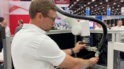 Matt Conklin with ABB demonstrates the Cobot Arc Welding Package with ABB&apos;s GoFa cobot at Automate 2023.