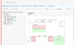 An edit of the Sequence routine using Ladder Logic in Copia&apos;s product, SourceControl. Red indicates elements that have been removed, while green indicates elements that have been added. Comments can be added directly on the changed rung of logic during code review. Source: Copia